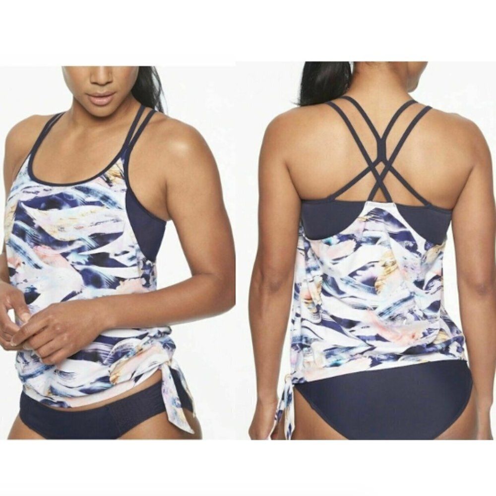 ATHLETA Vivid Side Tie Tankini Swim Top Strappy XS Shirred 211897 UPF 50+ Women